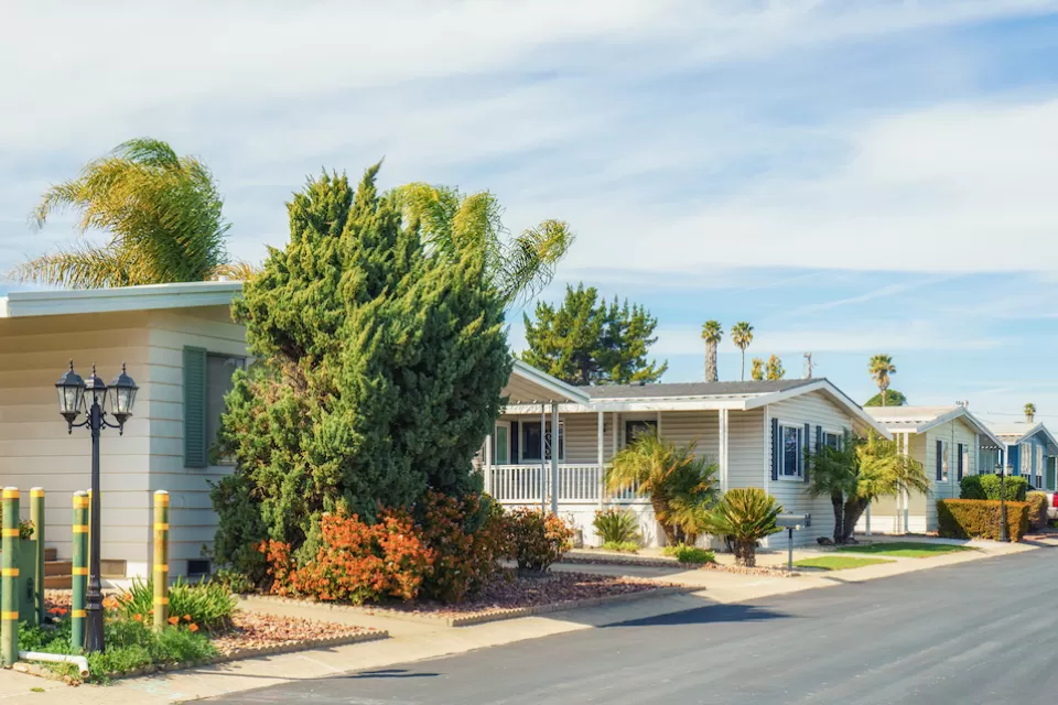 Row of mobile homes in 55+ community in Oceano, California.